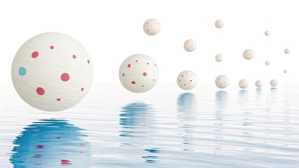 Floating decorative spheres reflect in calm water under a clear blue sky creating a serene atmosphere