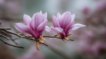 Fototapeta premium Delicate magnolia blossoms with dewdrops on soft pastel petals and misty air in a closeup macro shot with subtle background blur and ample space for text