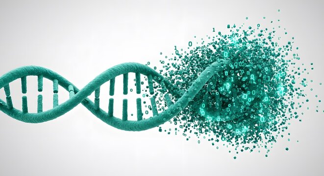 Modern DNA strand transforming into digital data, representing cutting-edge biotechnology, genetic engineering, and the future of personalized medicine