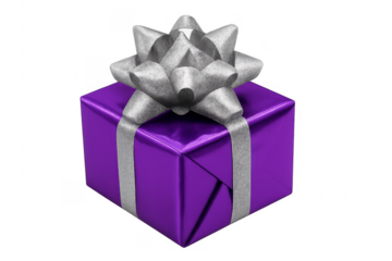 Purple gift box with silver ribbon and bow