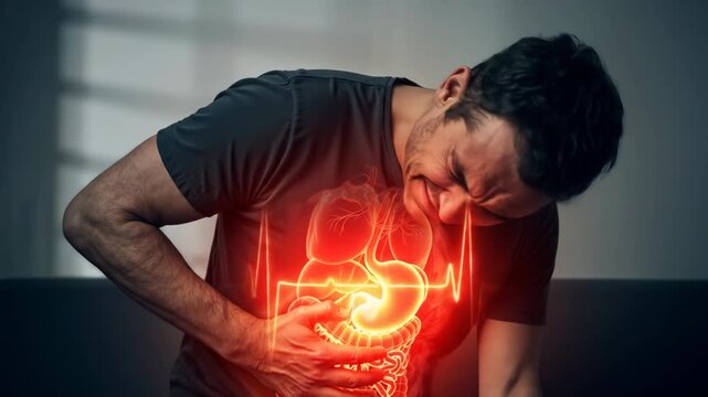 Man experiencing severe abdominal pain with glowing digestive organs and red heart rate monitor showing illness, footage