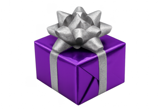 Purple gift box with silver ribbon and bow