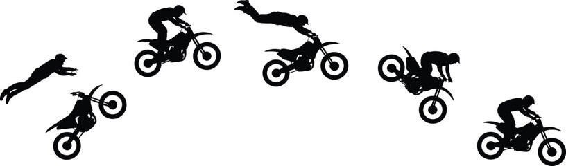 Freestyle motocross stunt silhouette sequence, extreme sport action, airborne biker trick, dynamic movement, adrenaline jump, flat vector illustration