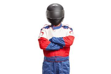 Car racer with a black helmet standing with folded arms