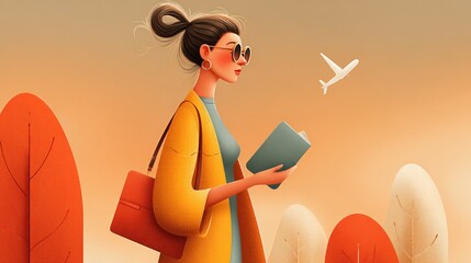 Stylish woman with glasses reading a book, travel and plane in the background
