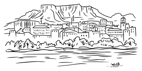 Naklejka premium Historic coastal town with cliff fortress and calm sea – detailed Mediterranean medieval cityscape sketch illustration