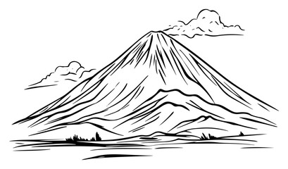 Majestic lone volcano mountain peak emerging above plains with drifting clouds – minimalist line art landscape illustration © Luka