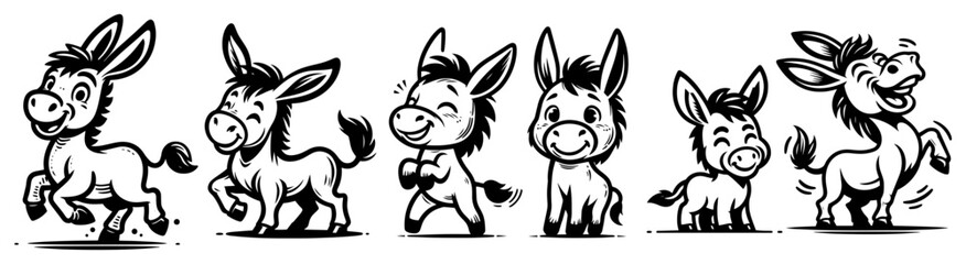 Cute playful donkey mascot poses collection – cheerful farm animal cartoon vector icons set