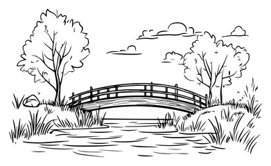 Obraz premium Serene arched garden bridge over calm pond in lush park landscape – tranquil nature scene line‑art illustration