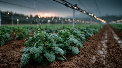 Agricultural field of growing plants under the lights during a misty day