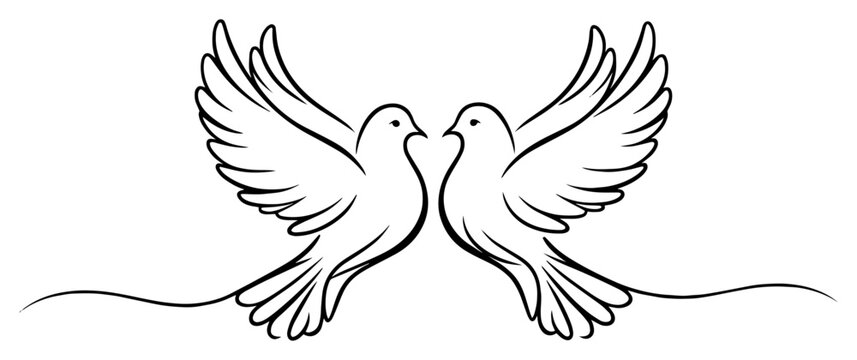 Romantic pair of doves with open wings in graceful symmetry – elegant wedding love birds line art emblem