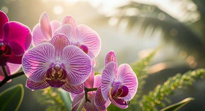 Fototapeta Elegant orchid flowers blooming in soft light, symbolizing beauty, grace, and tropical charm. Perfect for botanical themes, spa visuals, and luxury design concepts