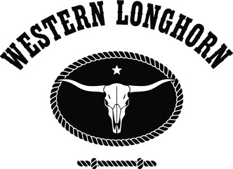 Western Longhorn Logo &ndash; Longhorn Skull with Rope Oval, Star, and Bold Western Typography