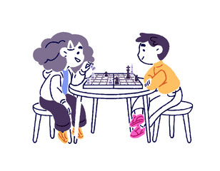 Cute kids play chess game at the table. Happy children move chessmen on board. Boy and girl sit at the desk with chessboard and pieces. Flat isolated outline vector illustration on white background