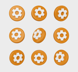 3D settings icons, white gears on orange circles, modern UI elements. 3D illustration