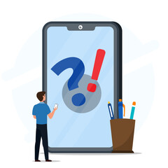 Businessman looking at smartphone with large question and exclamation mark on screen. Concept of confusion, problem, alert, doubt, decision making, and urgent notification.