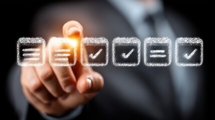 Business concept of planning and success with a hand touching an interface