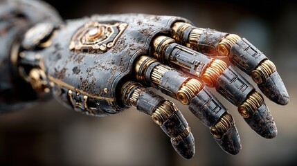 Detailed image of a robotic steampunk hand with a gold and rusty metallic design
