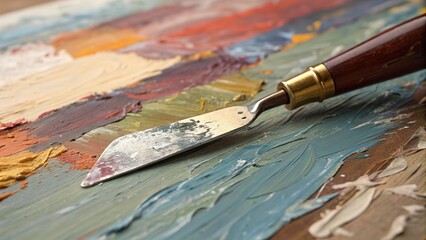 Fototapeta premium Oil paint knife scraping technique reveals vibrant textures on canvas in an artist's studio setting
