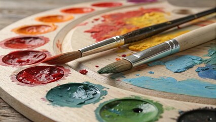 Fototapeta premium Colorful oil paint palette with brushes resting on a wooden surface ready for artistic creation