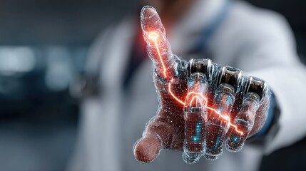 Futuristic hand with red energy, AI concept: technology and science illustration