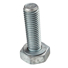 Close up of single galvanized steel hex bolt and nut fastener with washer industrial component isolated on transparent background