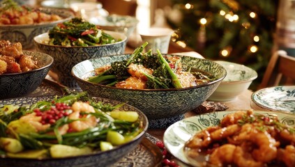 Obraz premium Festive Chinese dish platters on a table, featuring shrimp, broccoli, and other vegetables