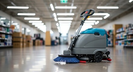 Floor Cleaning Machine in Supermarket Aisle, Polished Surface, Bright Lighting, Cleanliness.