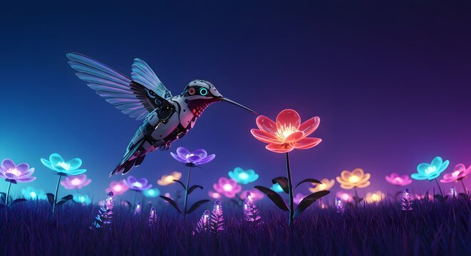 Futuristic robotic hummingbird delicately sips nectar from a glowing flower in a vibrant neon garden at twilight, showcasing innovation and nature's beauty