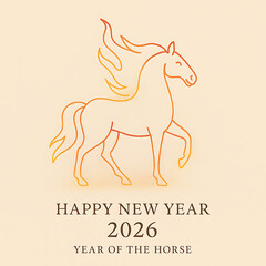Minimalist line art illustration of a fiery horse in red and orange tones on a light background. Concept of Merry Christmas and Happy New Year 2026, Year of the Horse, modern holiday design.