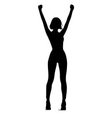 a silhouette of a woman raising her arms in celebrationarm, athletic, black, cheer, dance, girl, hand, muscle, pose, profile, stand, stretch, woman 