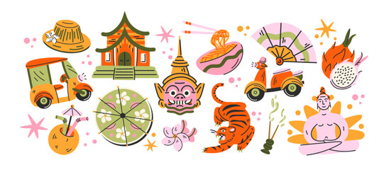 Thailand and Bali travel elements in retro cartoon style. Culture: Buddhist temple, Buddha statue, elephant. Traditions: tropical fruits, lotus flower, yoga icons. Exotic nature set for trendy  © Limpreom