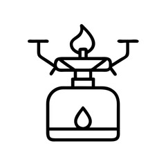 Camping stove illustration with flame and gas indicator in outline  