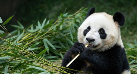 Fototapeta premium Close-up of a panda eating bamboo