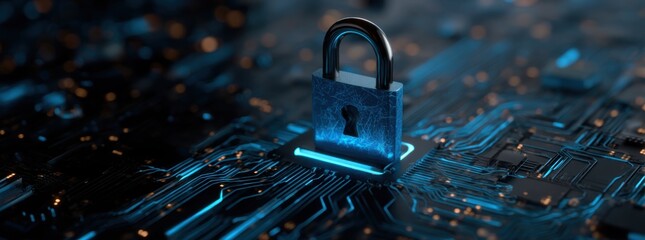 digital padlock icon on a blue digital circuit board background, representing the concept of data security protection and cyber security technology.