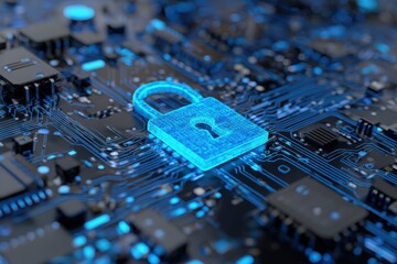 digital padlock icon on a blue digital circuit board background, representing the concept of data security protection and cyber security technology.
