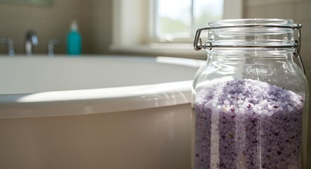 Glass Jar of Lavender Bath Salts Beside Bathtub, Spa Relaxation Concept.