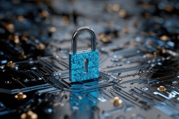 digital padlock icon on a blue digital circuit board background, representing the concept of data security protection and cyber security technology.