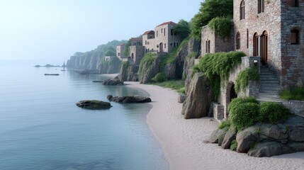 Coastal Cliffside Village With Stone Buildings and Lush Greenery Overlooking Tranquil Blue Sea Under a Clear Sky Cinematic Wide Shot