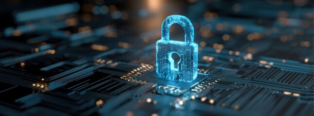 digital padlock icon on a blue digital circuit board background, representing the concept of data security protection and cyber security technology.