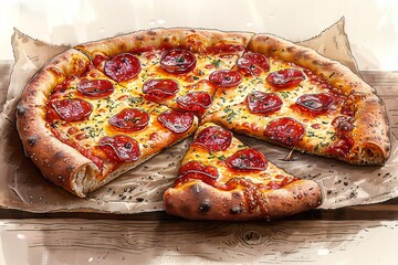 Dessin de pizza, basilic, tomate, mozzarella, recette italienne, fa&ccedil;on aquarelle, crayon.