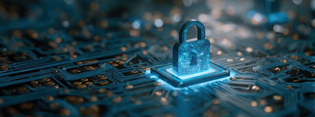 digital padlock icon on a blue digital circuit board background, representing the concept of data security protection and cyber security technology.