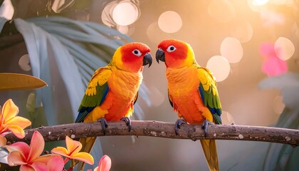 Two brightly colored parrots perched on a branch amid foliage, bokeh, and plumeria
