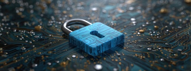 digital padlock icon on a blue digital circuit board background, representing the concept of data security protection and cyber security technology.