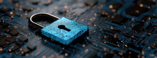digital padlock icon on a blue digital circuit board background, representing the concept of data security protection and cyber security technology.