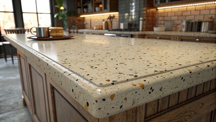 Retro speckled countertop texture enhances the charm of a cozy kitchen scene with natural light and inviting decor