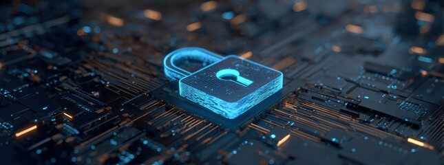 digital padlock icon on a blue digital circuit board background, representing the concept of data security protection and cyber security technology.