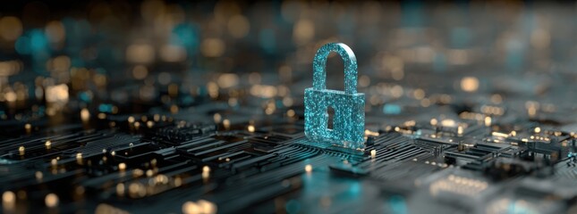 digital padlock icon on a blue digital circuit board background, representing the concept of data security protection and cyber security technology.