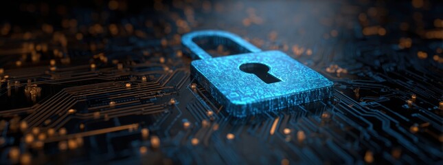 digital padlock icon on a blue digital circuit board background, representing the concept of data security protection and cyber security technology.
