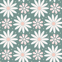 Seamless Floral Pattern With Hand Drawn White and Blush Daisy Flowers on Bright Gray Background